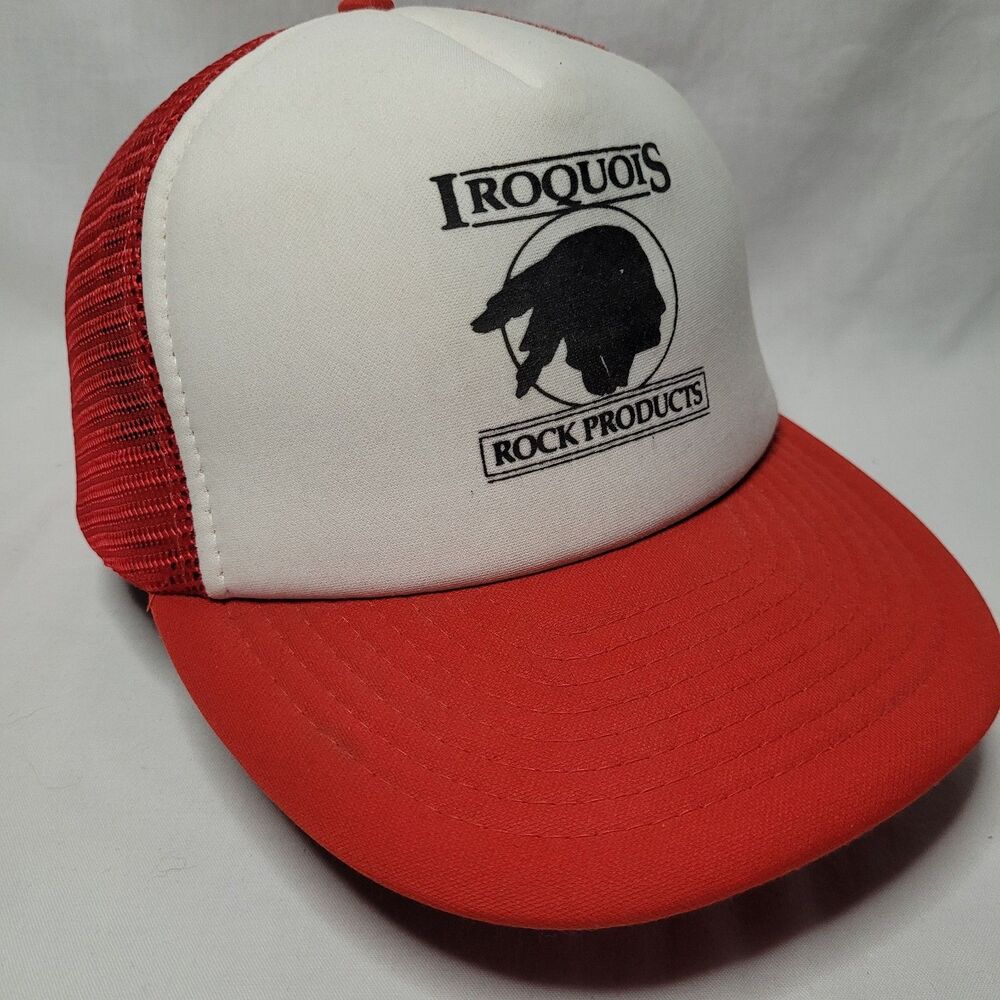 Vtg 80s Iroquois Rock Products Trucker Hat OTTO Snapback Red White Mesh Cap
